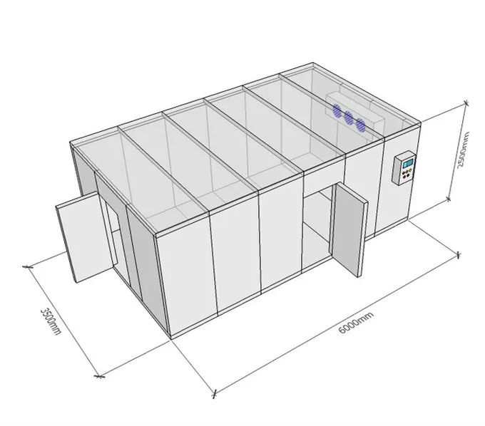 Cold room design layout with dimensions and refrigeration system setup
