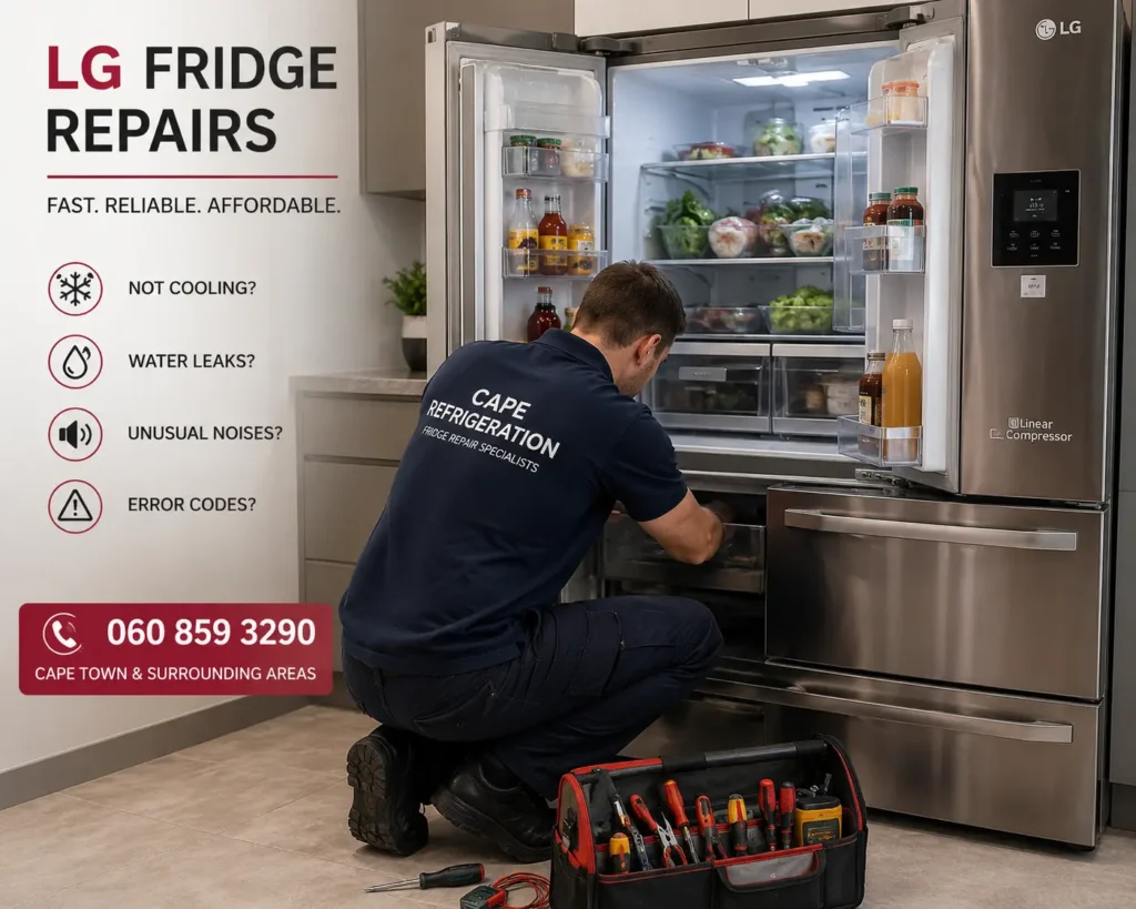 Cape Refrigeration technician repairing an LG fridge in Cape Town