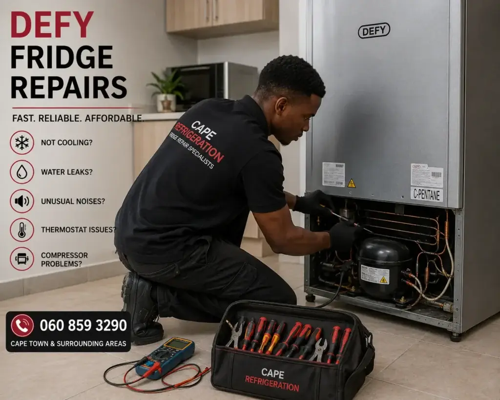 Technician repairing a Defy fridge compressor in Cape Town