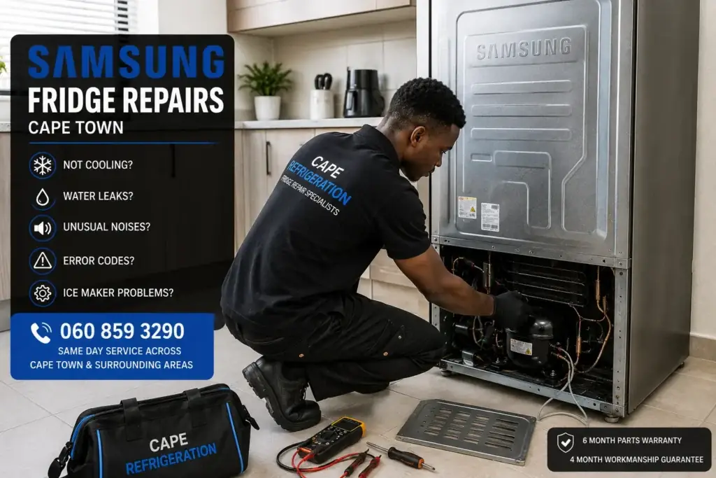 Technician repairing a Samsung fridge in Cape Town