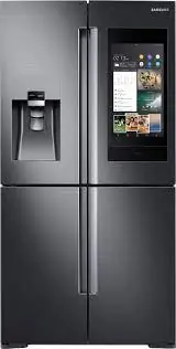 Samsung smart four-door fridge with touchscreen and water dispenser